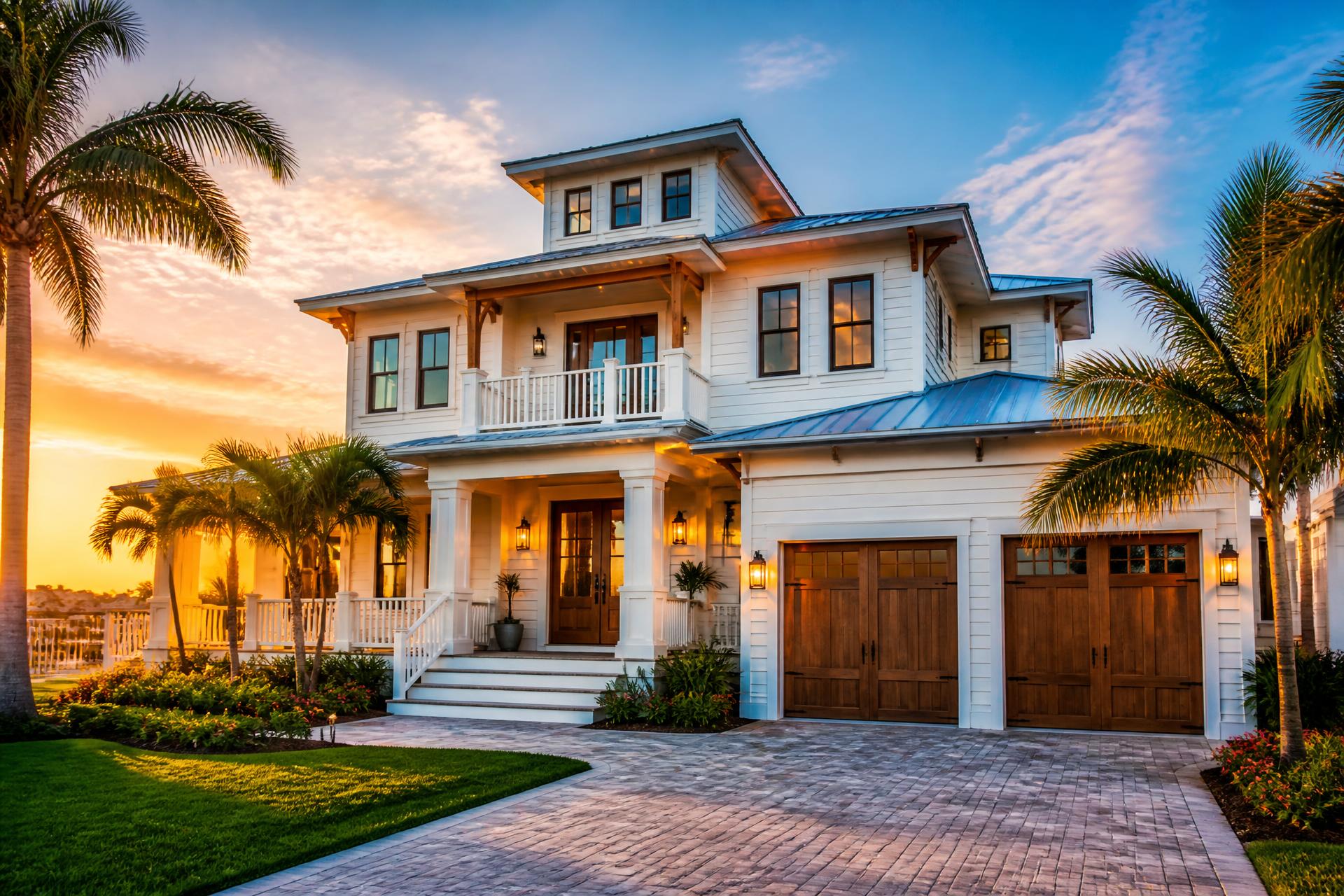 Coastal Florida home at golden hour with palm trees and a paver driveway